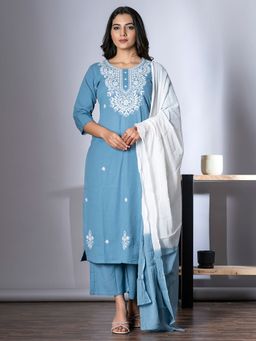 Readiprint - Cotton Blue Embroidered Kurta and Pant with Dupatta (Set of 3)