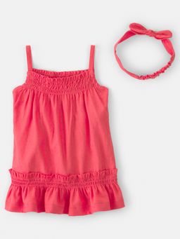 Carter's - Baby Girl Coral Solid Linen Sleeveless Dress with Bloomer & Hairband