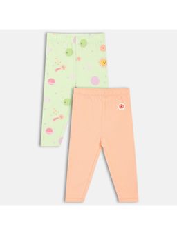 MINI KLUB - Peach & Green Cotton Solid & Star Printed Leggings