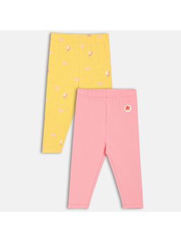 MINI KLUB - Yellow & Pink Cotton Solid & Hot Balloon Printed Leggings