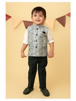 Little Collars - Green Embroidered Nehru Jacket with Shirt & Pant (Set of 3)
