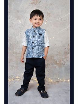 Little Collars - Navy Blue Embroidered Nehru Jacket with Shirt & Pant (Set of 3)