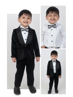 Little Collars - Black Shiny Velvet Coat Tuxedo Blazer with Shirt and Pant (Set of 3)