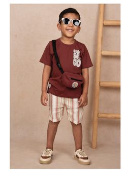 Little Collars - Maroon Trendy Cotton Half Sleeves Co-Ord with Bag & Belt (Set of 4)