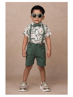 Little Collars - Green Cotton Mesh Printed Half Sleeves Co-Ord (Set of 4)