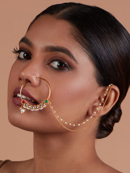 Azai by Nykaa Fashion - Gold Plated Multi Color Sequined Nose Ring with Chain