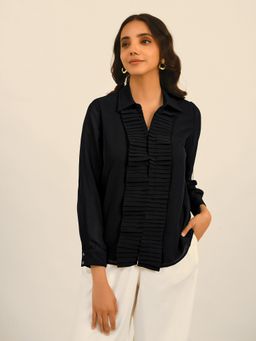 Attic Salt - Black Solid Luxury Vacay Pleated Placket Shirt