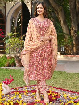 Vaamsi - Women Beige Rayon Blend Floral Straight Kurta Pant and Dupatta (Set of 3)
