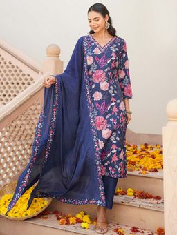 Vaamsi - Women Navy Blue Floral Kurta with Pant and Dupatta (Set of 3)
