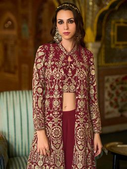 Vaamsi - Maroon Georgette Embroidered Top with Palazzo and Jacket