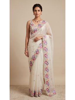 Dress & Dazzle - White Floral Organza Saree