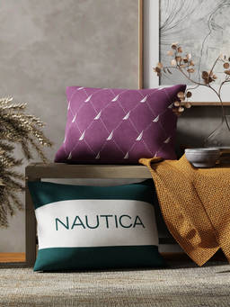 Nautica - Premium Cotton Printed Cushion Covers Set of 2, Geometric-Grape-Forestgreen (12x18 inches)