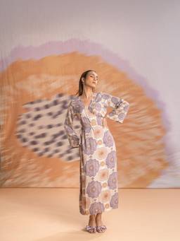 Freedom Tree - Womentulukka Floral Printed Modal Satin Long Sleeve Wrap Off White Maxi Dress