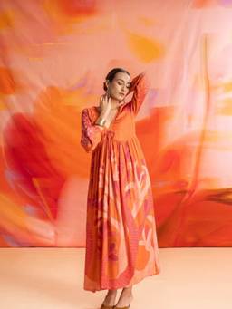 Freedom Tree - Women Orange Wonderland Printed Modal Satin Empire Waist Flared Maxi Dress