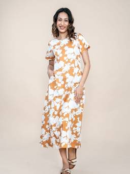 Freedom Tree - Women Treetops Sienna Bloom Cotton Satin A-Line Printed Orange Midi Dress