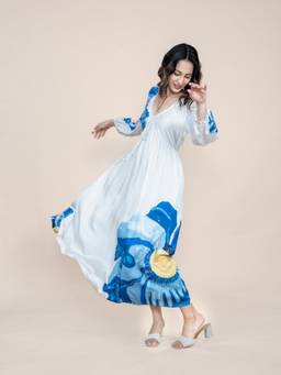 Freedom Tree - Women Himalayan Blue Poppy Modal Satin Printed Empire Maxi Dress