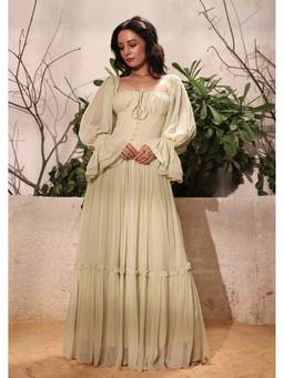 SEORAA - White Elara green Chiffon Solid Dress