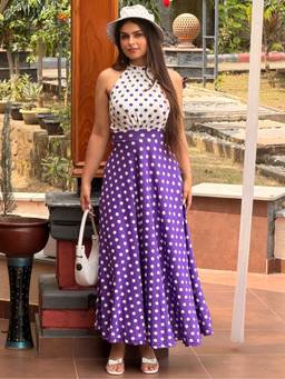 Tandul - Women Retro Purple Polka Dot Halter Multicolor Dress