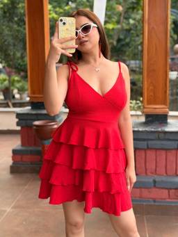 Tandul - Women Crimson Tiered Ruffle Red Mini Dress