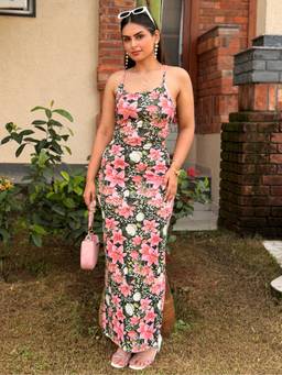 Tandul - Women Dark Green Lily and Rose Print Bodycon Maxi Dress