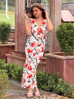 Tandul - Women Tropical Lily Printed Mermaid White Maxi Dress