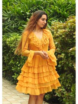 SEORAA - Mustard Amber Chiffon Solid Dress