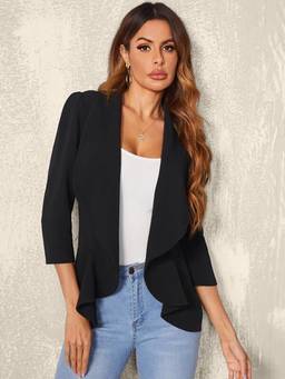 QIOA - Sleek Black Open Front Solid Women's Blazer