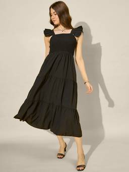 QIOA - Black Ruffled Strap Dress