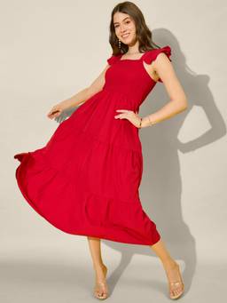 QIOA - Red Ruffled Strap Dress