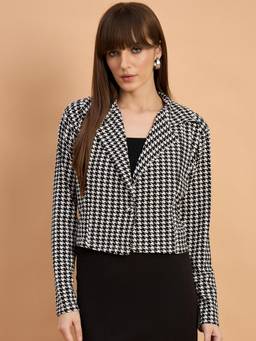 QIOA - Cotton Blend Multicolor Houndstooth Print Short Blazer