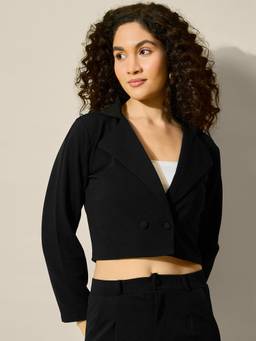 QIOA - Black Stylish Solid Polyester Women's Formal and Casual Wear Cropped Blazer