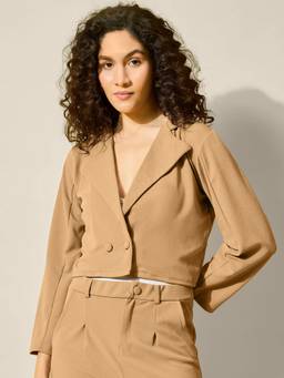 QIOA - Beige Stylish Solid Polyester Women's Formal and Casual Wear Cropped Blazer