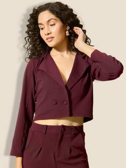 QIOA - Burgundy Stylish Solid Polyester Women's Formal and Casual Wear Cropped Blazer