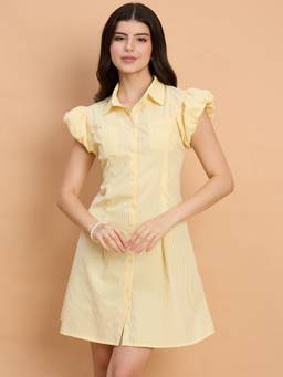 QIOA - Yellow Stylish Striped A-Line Cotton Collar Dress