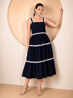 QIOA - Black Tiered Sleeveless with White Ricrac Trim Dress
