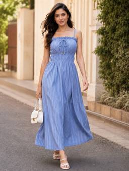 QIOA - Cotton Blue Striped A-Line Dress