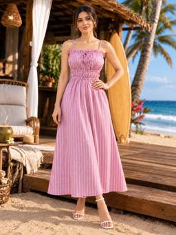 QIOA - Cotton Pink Striped A-Line Dress
