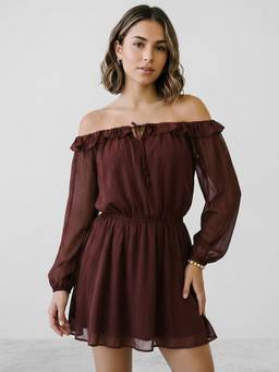 R&B - Coffee Brown Solid Off-shoulder Dress