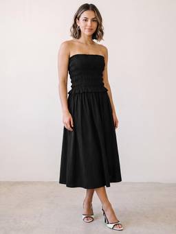 R&B - Black Solid Smocked Strapless Fit and Flare Dress