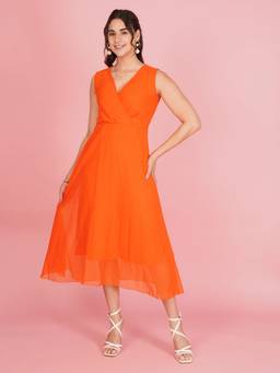 Curvydrobe - Swis Dot Orange Midi Dress