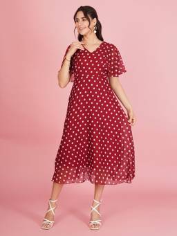 Curvydrobe - Women Polka Dot Flared Sleeve Georgette Maroon Maxi Dress
