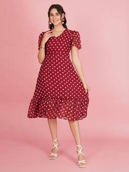 Curvydrobe - Women Polka Dot Georgette Maroon Midi Dress