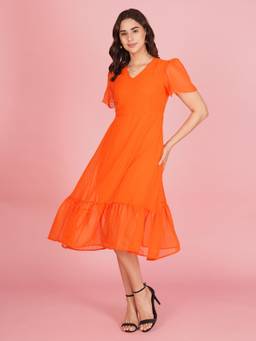 Curvydrobe - Women Puff Sleeve Georgette Orange Midi Dress