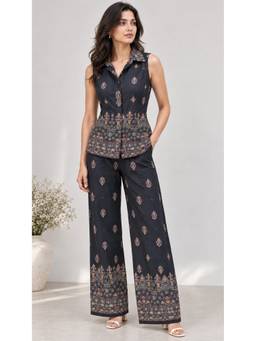 HOUSE OF MIRA - Navy Blue Printed Sleeveless Co-ord Set