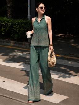 HOUSE OF MIRA - Green Printed Sleeveless Co-ord Set