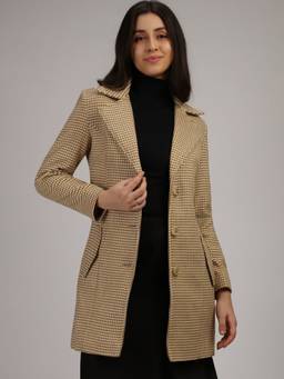 HONNETE - Beige Stylish Checkered Design Winter Coat