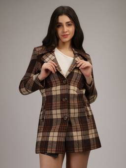 HONNETE - Brown Stylish Checkered Design Winter Coat