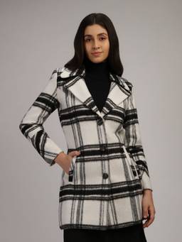 HONNETE - White Black Stylish Checkered Design Winter Coat