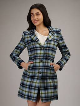 HONNETE - Blue Stylish Checkered Design Winter Coat
