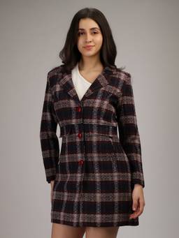 HONNETE - Brown Red Stylish Checkered Design Winter Coat